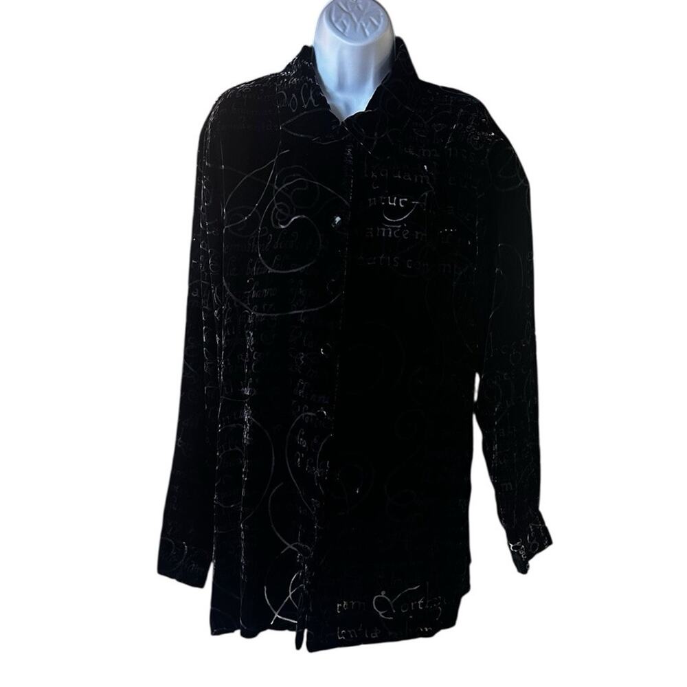 Vintage Gantos Black Velvet Burnout Script Top Long Sleeve Witchy Boho Y2K L